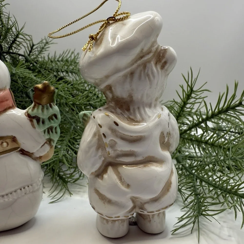 Vintage 1980s Hand Painted Ceramic‎ Ornaments Snowman & Bear w/ Trees